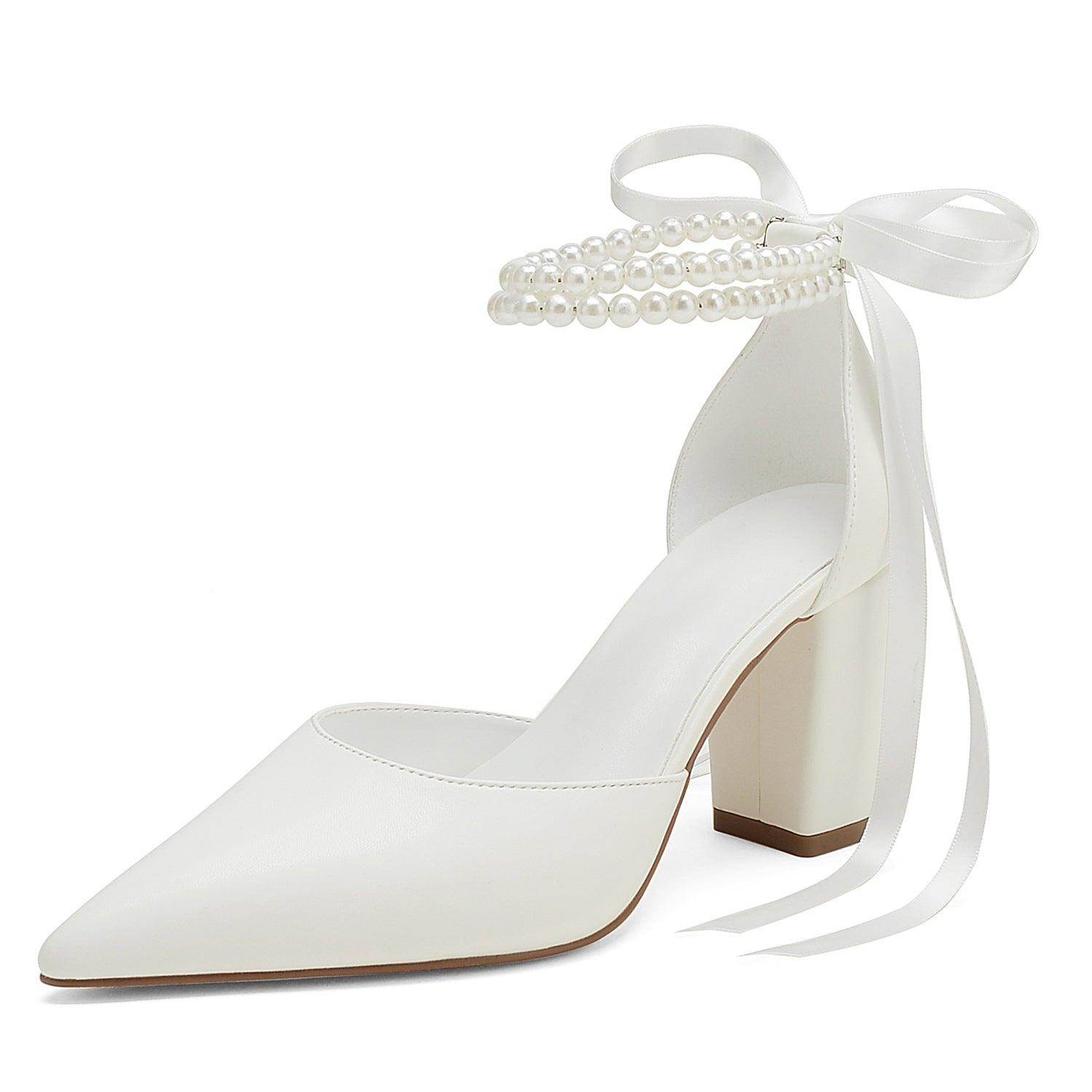 Pearl white Satin Pointy Block Heels 708400120081 - COCOMELODY